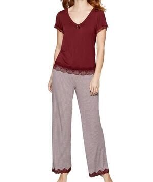 Jasper Conran Sz 8 Wine Red Pajama Top & Bottom Set Lace Trim Holiday Luxury PJs